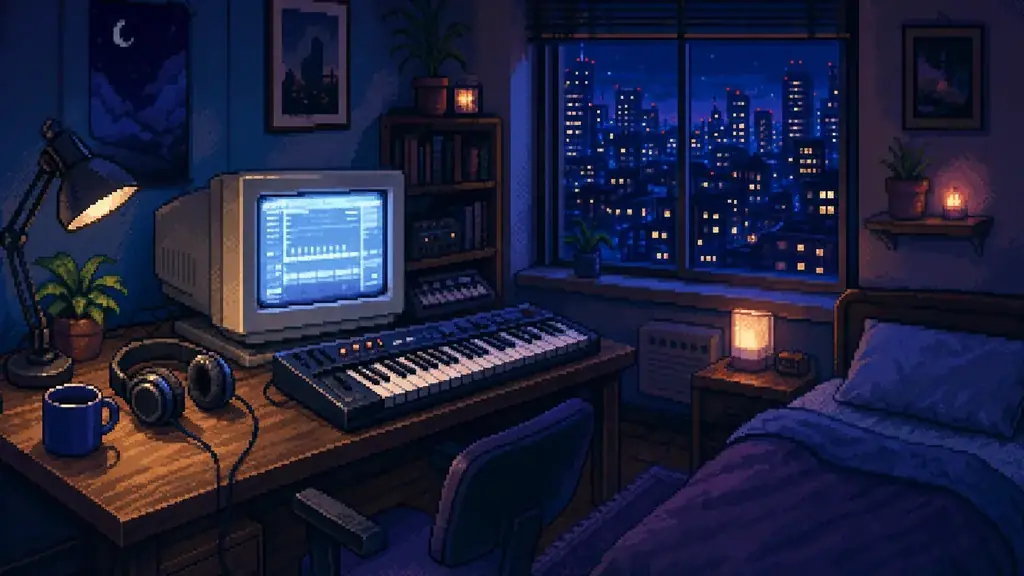 像素風夜晚房間場景